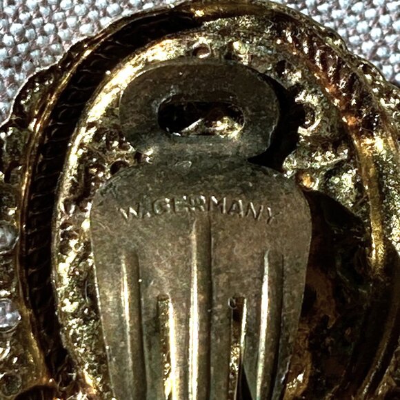 Vintage W. Germany, Gold-Toned, AB Crystals, Clip-On Earrings, Aurora Borealis - Picture 7 of 8